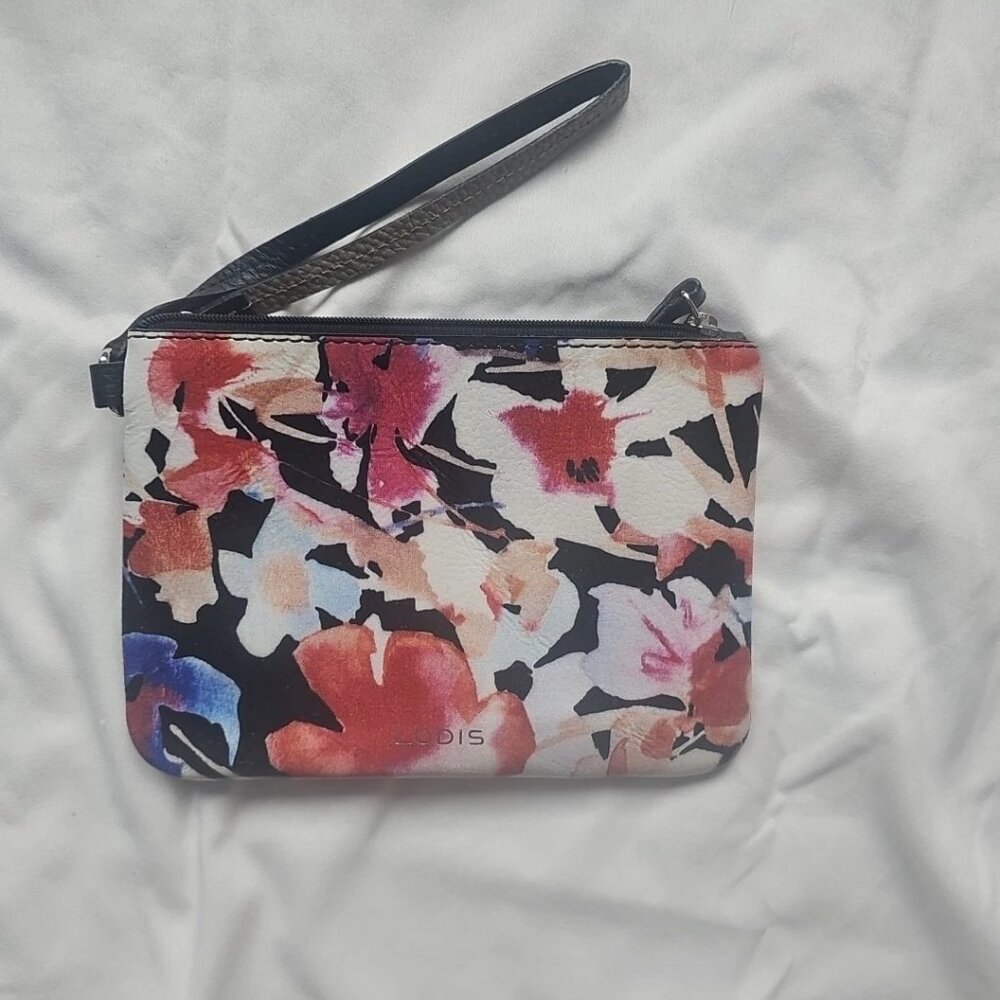 LODIS Watercolor Floral Top Zip Closure Leather Wristlet W/ Attached Strap